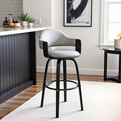 Swivel Bar Stool with Gray Faux Leather Seat and Black Wood Finish