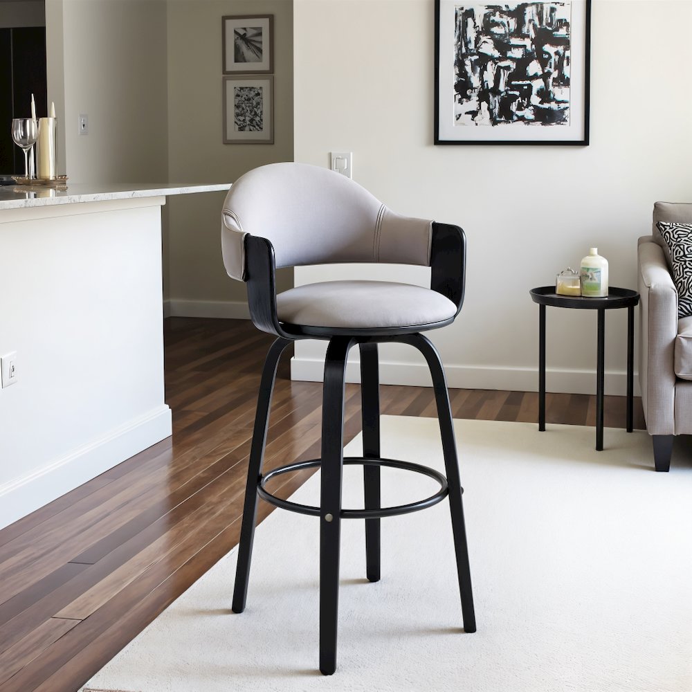 Swivel Bar Stool with Gray Faux Leather Seat and Black Wood Finish