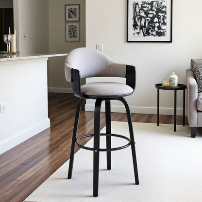 Swivel Bar Stool with Gray Faux Leather Seat and Black Wood Finish