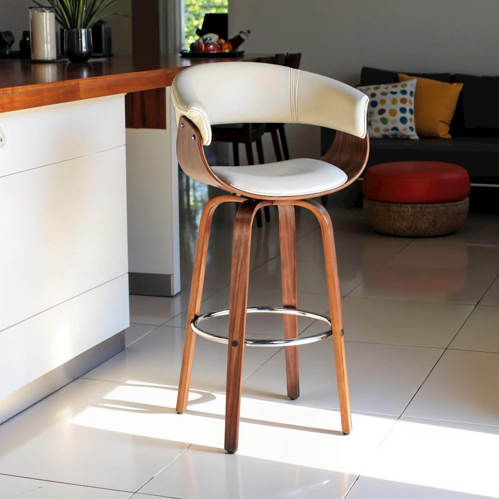 26-Inch Swivel Bar Stool in Cream Faux Leather with Walnut Wood Frame