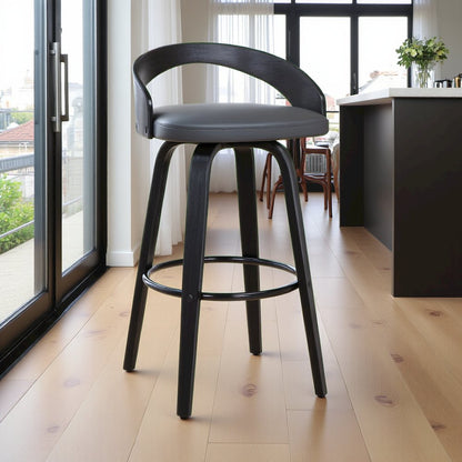 26-Inch Black Counter Height Stool with Backrest in Faux Leather and Wood