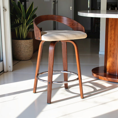 Swivel Counter Bar Stool with Cream Faux Leather and Walnut Wood Frame