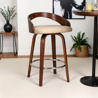 Swivel Counter Bar Stool with Cream Faux Leather and Walnut Wood Frame