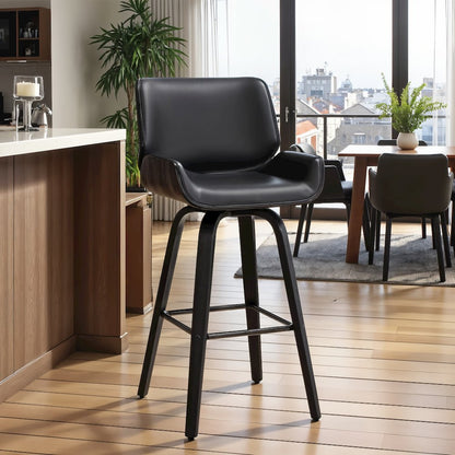Swivel Counter Stool in Grey Faux Leather and Black Wood for Kitchens