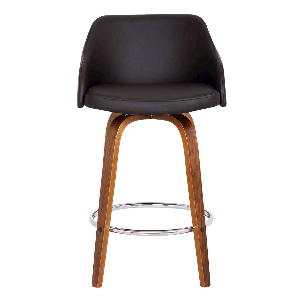 Swivel Counter Bar Stool with Walnut Wood Finish and Brown Faux Leather