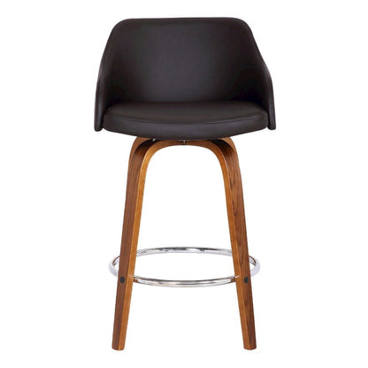 Swivel Counter Bar Stool with Walnut Wood Finish and Brown Faux Leather