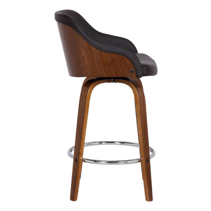 Swivel Counter Bar Stool with Walnut Wood Finish and Brown Faux Leather