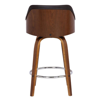 Swivel Counter Bar Stool with Walnut Wood Finish and Brown Faux Leather