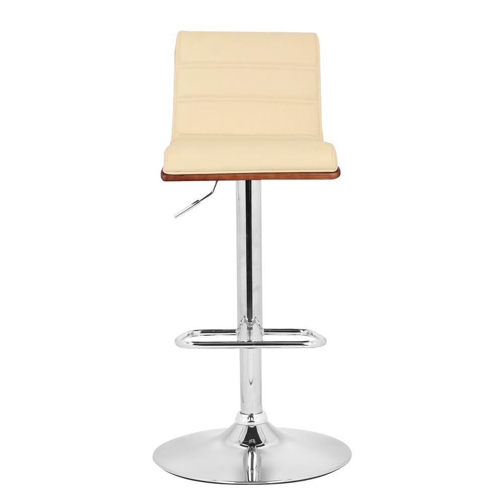 Swivel Bar Stool with Chrome Base, Cream Faux Leather, and Walnut Back
