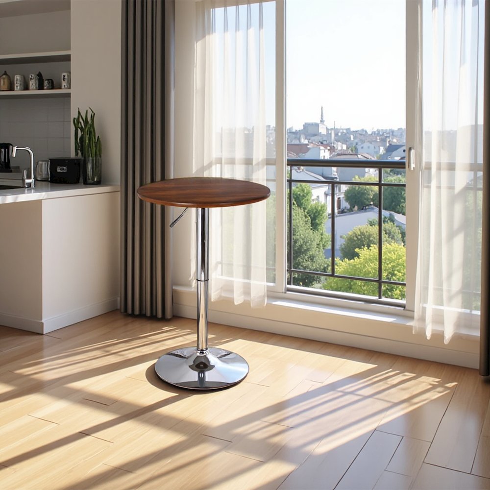 Adjustable Round Bar Table with Chrome Base and Walnut Wood Top, Silver Finish