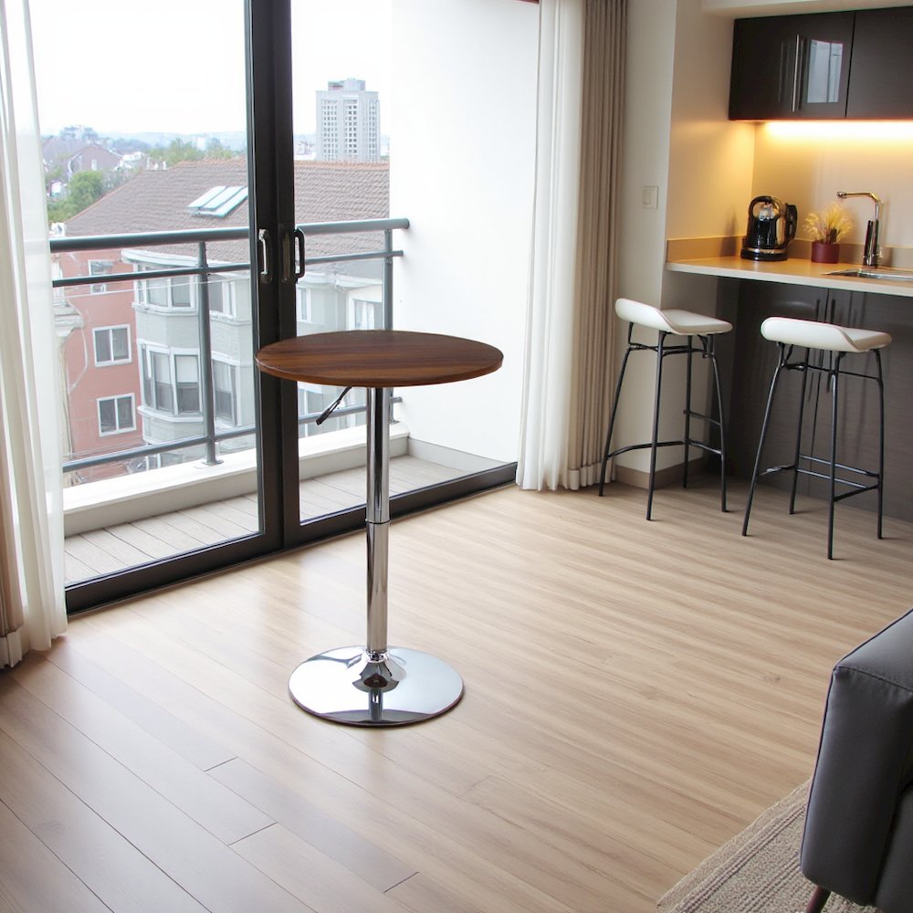 Adjustable Round Bar Table with Chrome Base and Walnut Wood Top, Silver Finish