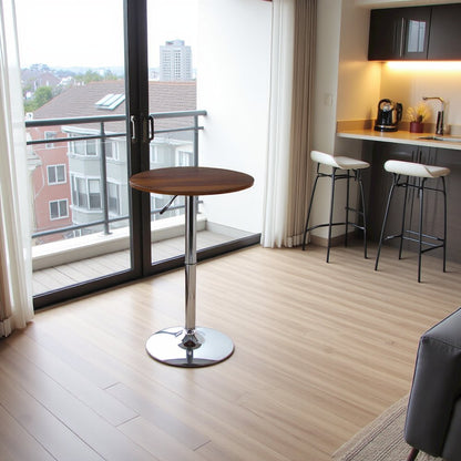 Adjustable Round Bar Table with Chrome Base and Walnut Wood Top, Silver Finish
