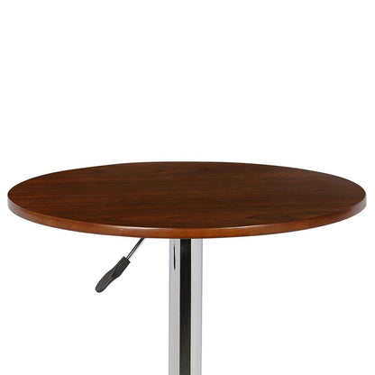 Adjustable Round Bar Table with Chrome Base and Walnut Wood Top, Silver Finish