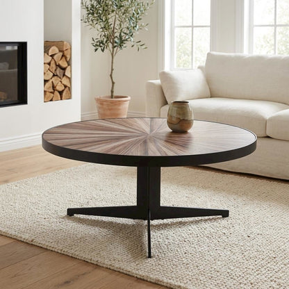 Round Maroon Mid-Century Coffee Table with Tempered Glass Top and Metal Legs