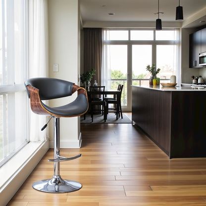 Adjustable Swivel Bar Stool with Back in Gray Faux Leather and Walnut Wood