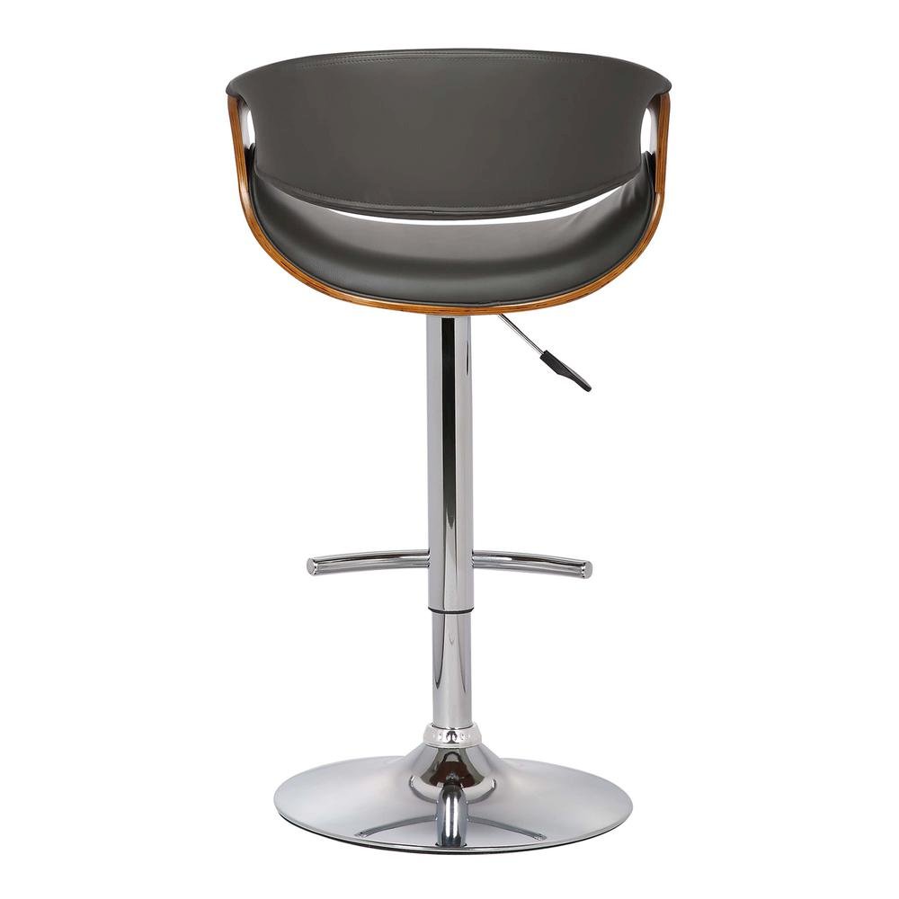 Adjustable Swivel Bar Stool with Back in Gray Faux Leather and Walnut Wood