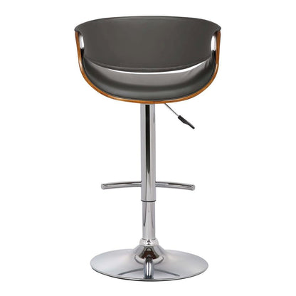 Adjustable Swivel Bar Stool with Back in Gray Faux Leather and Walnut Wood