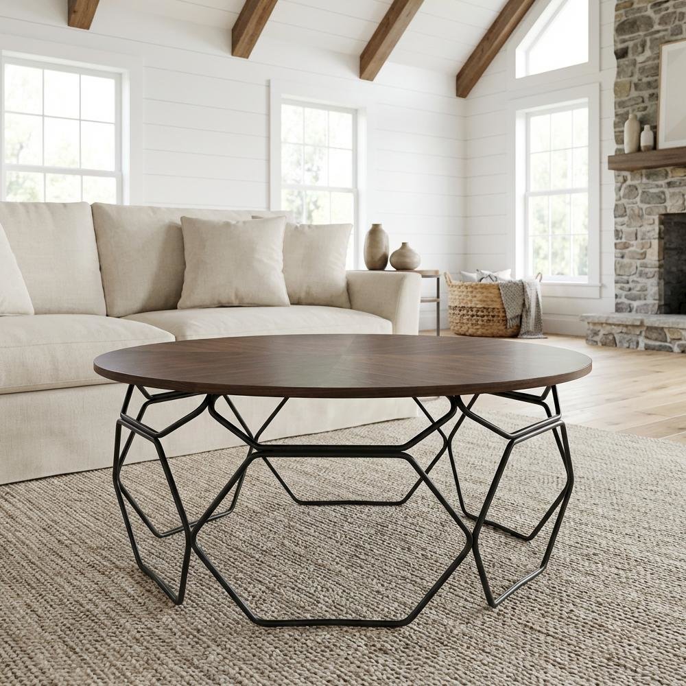 Walnut Veneer Coffee Table with Black Metal Base and Modern Design