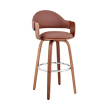 Adjustable Swivel Bar Stool with Walnut Wood and Brown Faux Leather