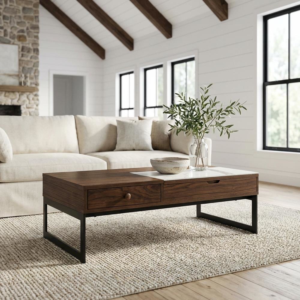 Rectangular Walnut Lift-Top Coffee Table with Sintered Stone Panel