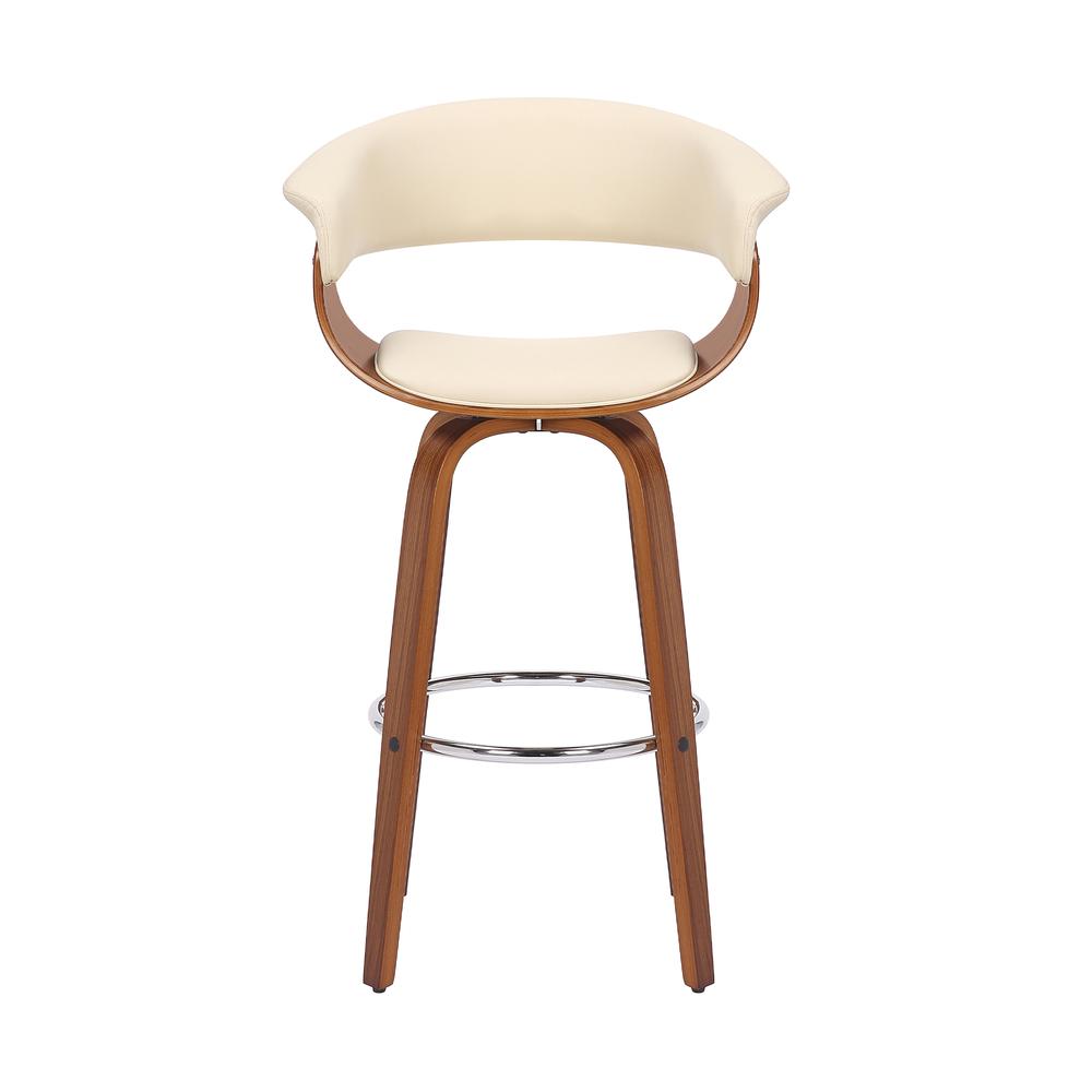26-Inch Swivel Bar Stool in Cream Faux Leather with Walnut Wood Frame