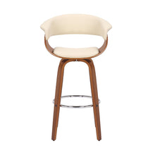26-Inch Swivel Bar Stool in Cream Faux Leather with Walnut Wood Frame