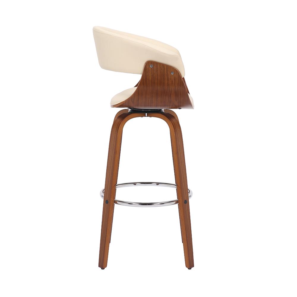 26-Inch Swivel Bar Stool in Cream Faux Leather with Walnut Wood Frame