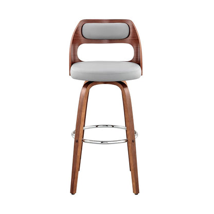 Swivel Bar Stool with Gray Faux Leather Seat and Walnut Wood Finish