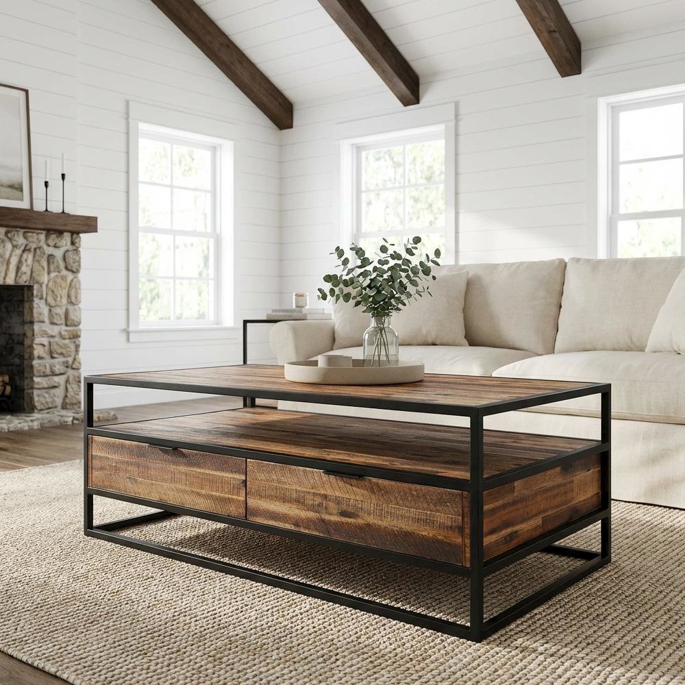 Rectangle Coffee Table in Rustic Acacia with Black Metal Frame and Storage Shelf
