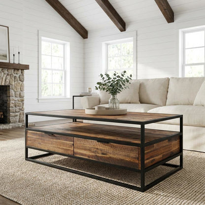 Rectangle Coffee Table in Rustic Acacia with Black Metal Frame and Storage Shelf