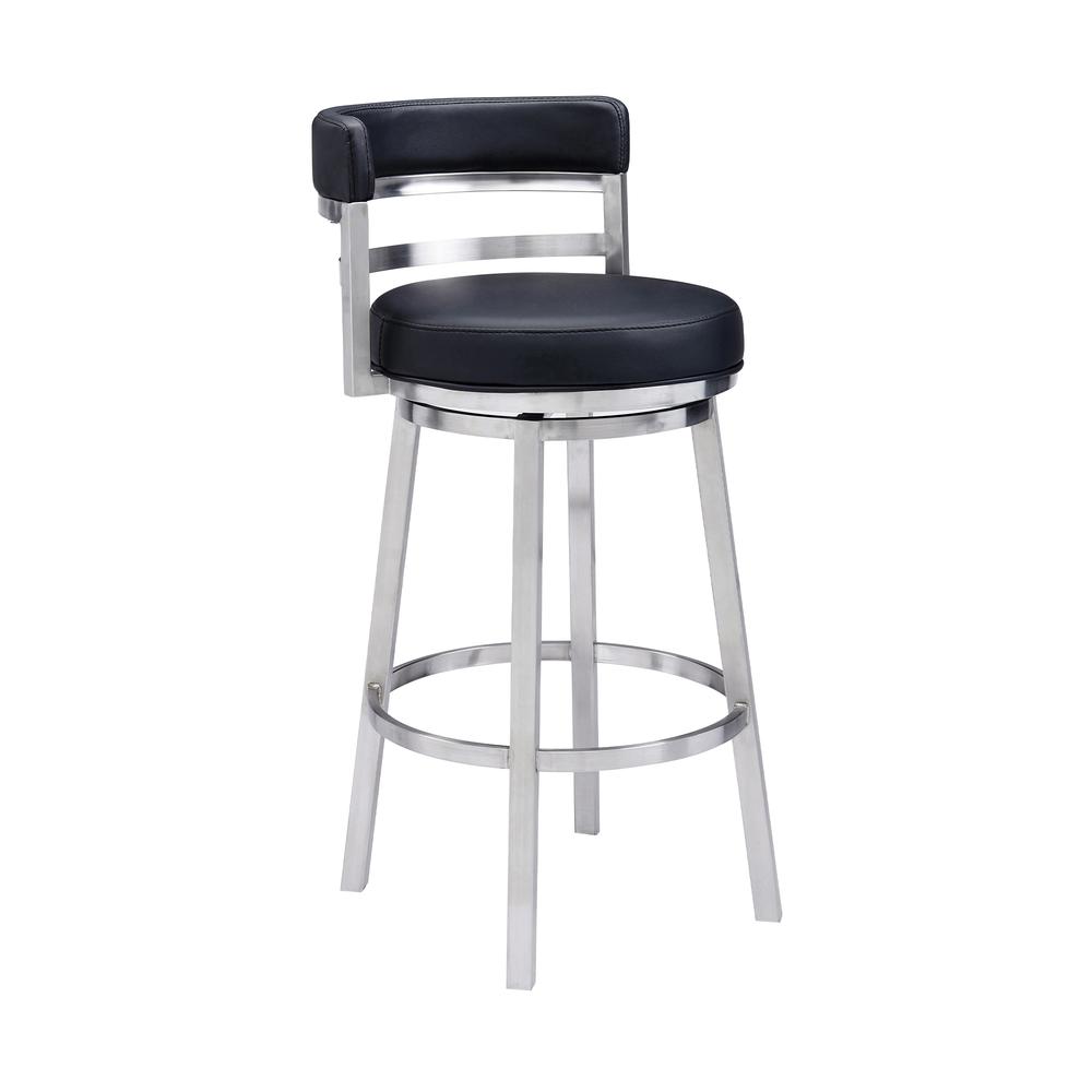 Contemporary 26" Counter Height Barstool in Brushed Stainless Steel Finish Black Faux Leather