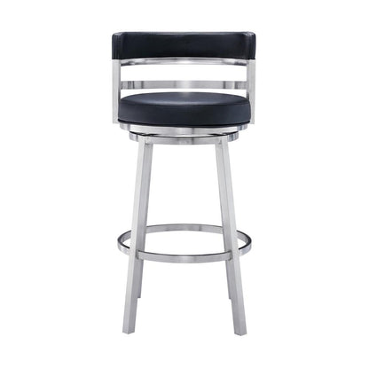 Contemporary 26" Counter Height Barstool in Brushed Stainless Steel Finish Black Faux Leather