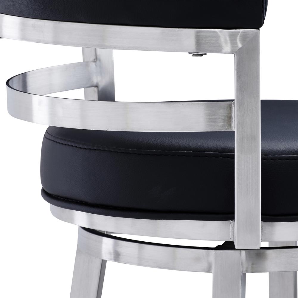 Contemporary 26" Counter Height Barstool in Brushed Stainless Steel Finish Black Faux Leather