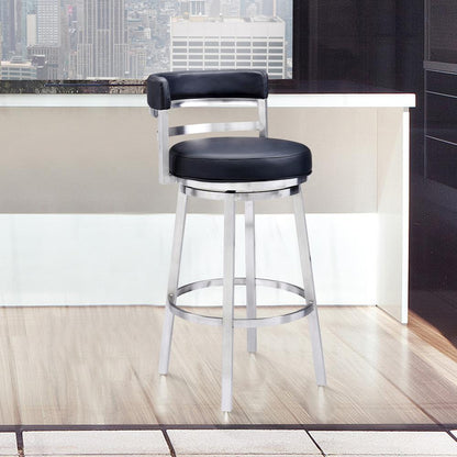Contemporary 26" Counter Height Barstool in Brushed Stainless Steel Finish Black Faux Leather