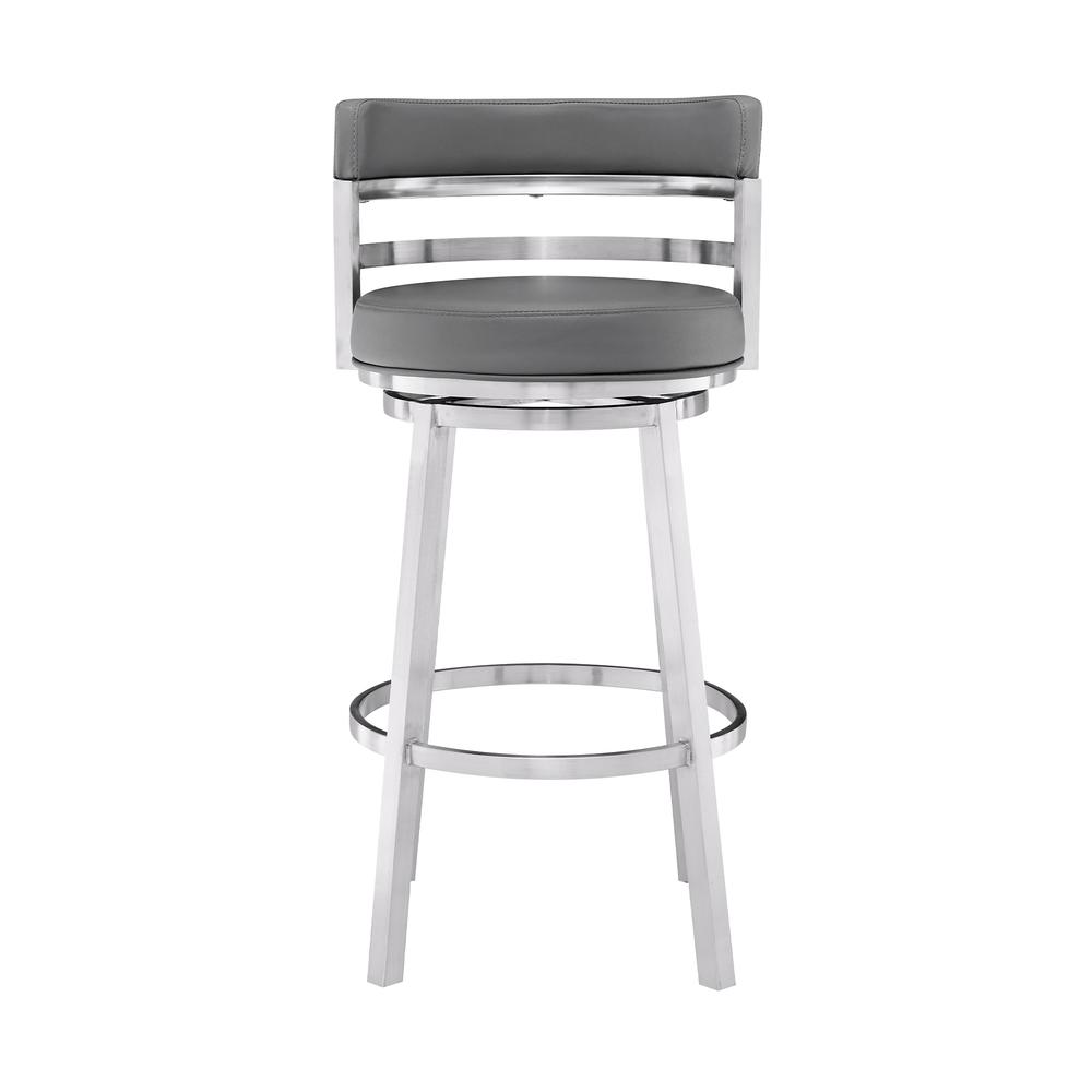 Contemporary 30" Bar Height Barstool in Brushed Stainless Steel Finish, Grey Faux Leather