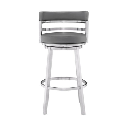 Contemporary 30" Bar Height Barstool in Brushed Stainless Steel Finish, Grey Faux Leather
