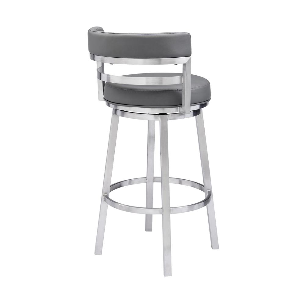 Contemporary 30" Bar Height Barstool in Brushed Stainless Steel Finish, Grey Faux Leather
