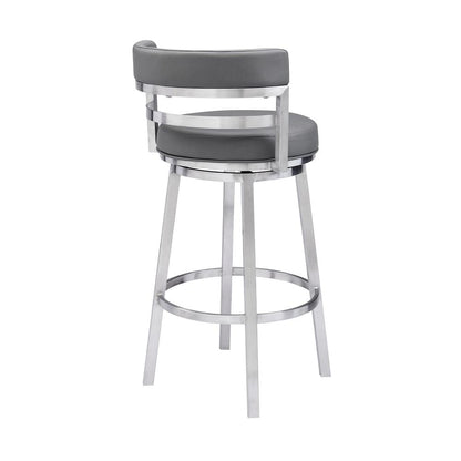 Contemporary 30" Bar Height Barstool in Brushed Stainless Steel Finish, Grey Faux Leather