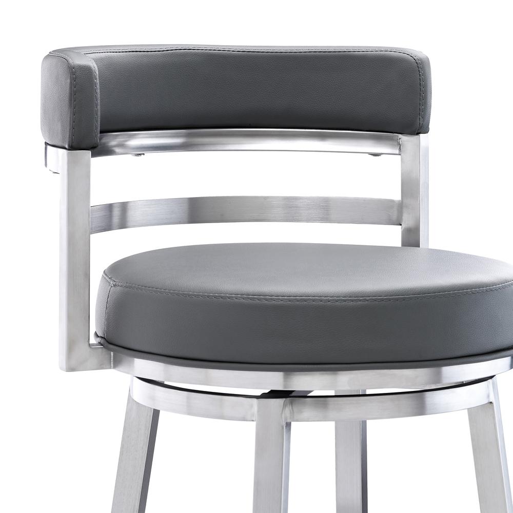 Contemporary 30" Bar Height Barstool in Brushed Stainless Steel Finish, Grey Faux Leather