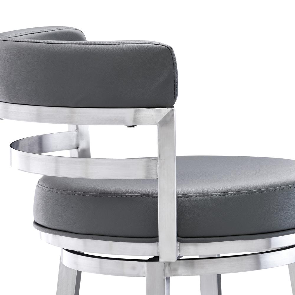 Contemporary 30" Bar Height Barstool in Brushed Stainless Steel Finish, Grey Faux Leather