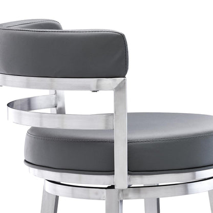 Contemporary 30" Bar Height Barstool in Brushed Stainless Steel Finish, Grey Faux Leather