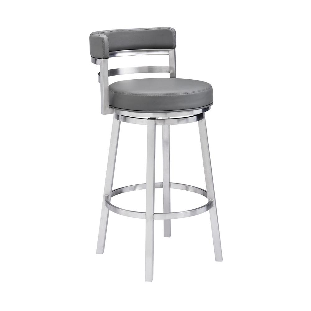 Contemporary 30" Bar Height Barstool in Brushed Stainless Steel Finish, Grey Faux Leather