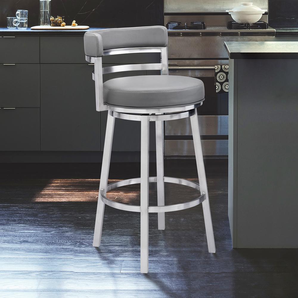 Contemporary 30" Bar Height Barstool in Brushed Stainless Steel Finish, Grey Faux Leather
