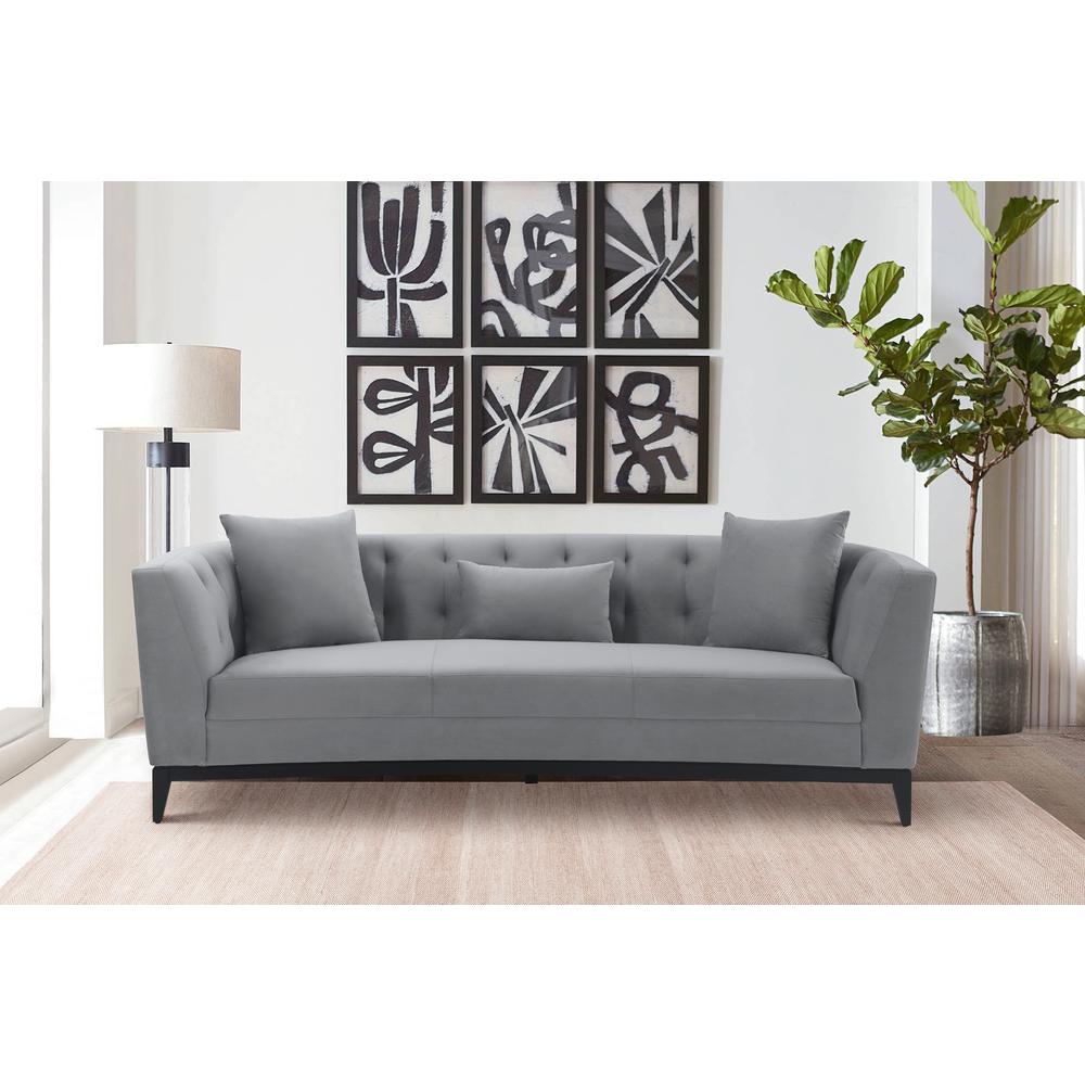 Melange Gray Velvet Sofa with Black Wood Base