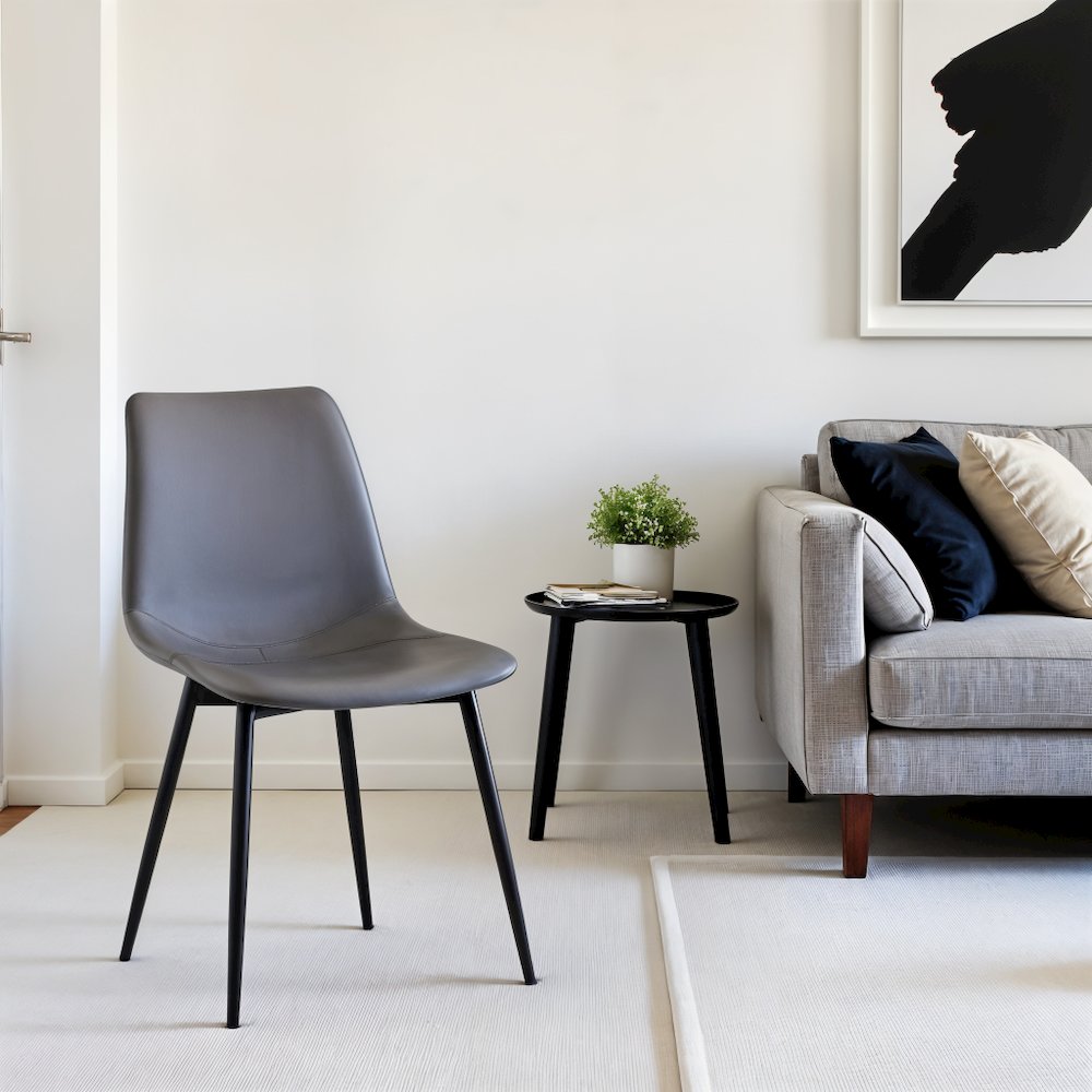 Gray Faux Leather Dining Chair with Black Powder-Coated Metal Legs