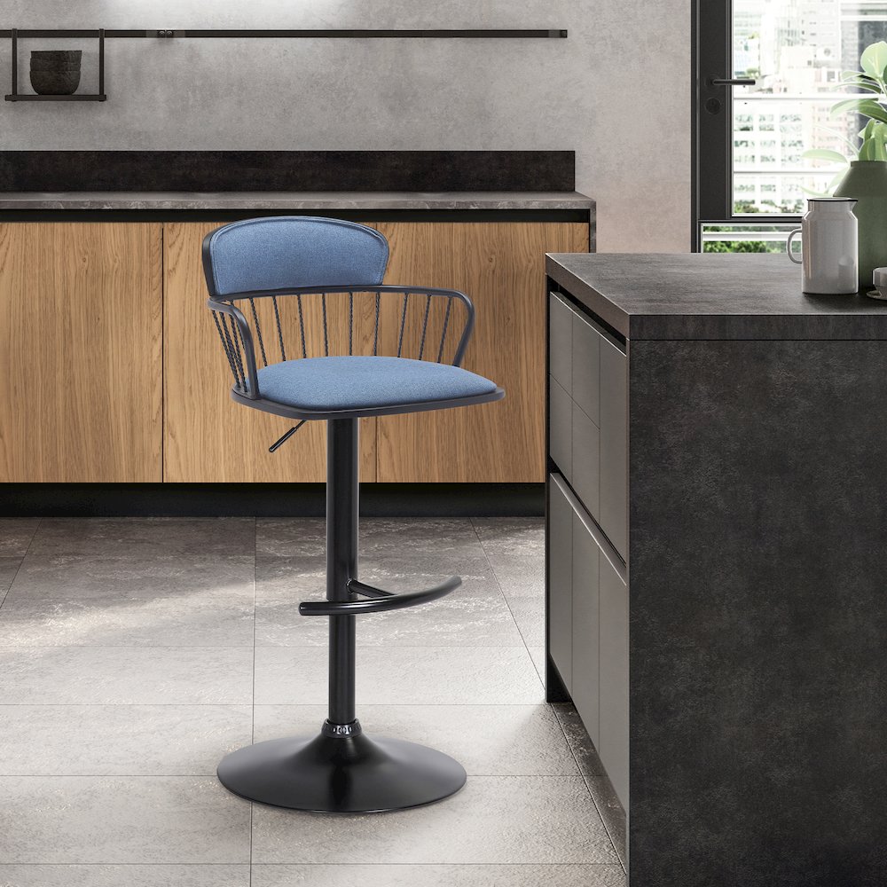Nash Upholstered Wood Adjustable Bar Stool with Black Metal Base