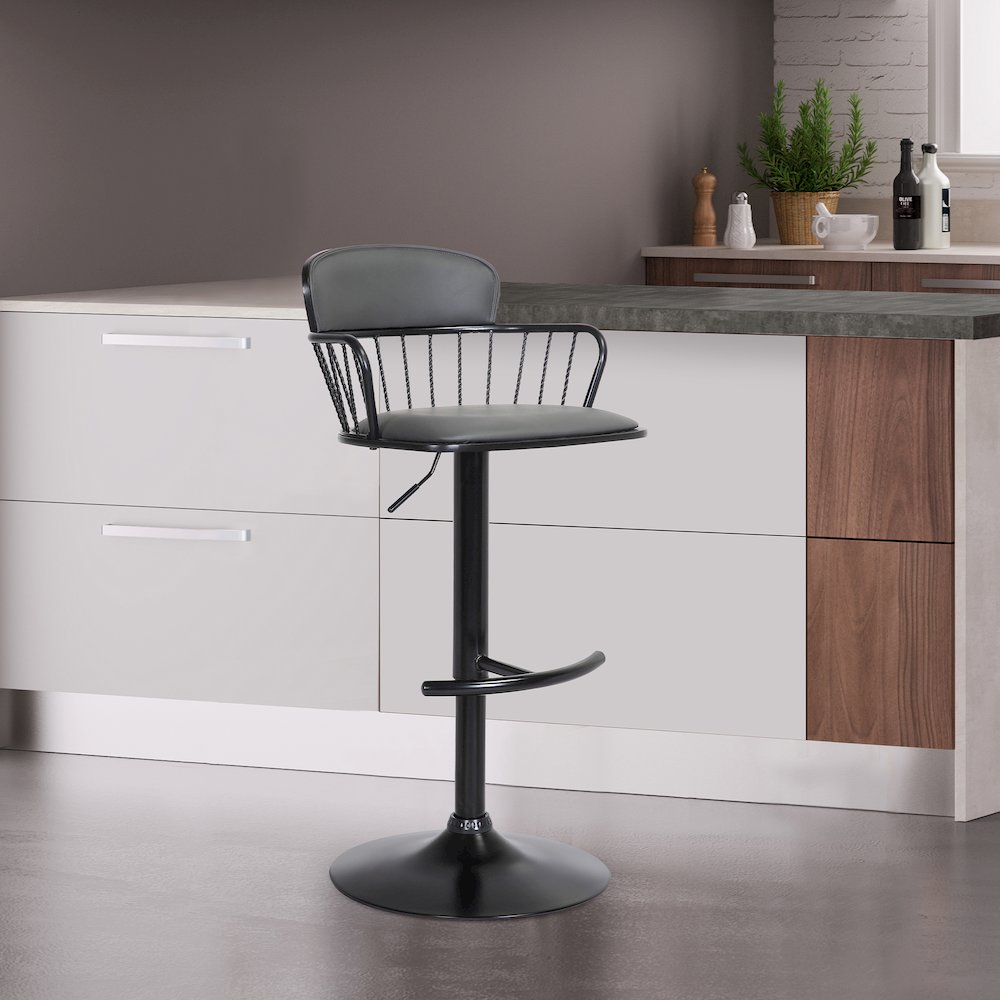Nash Upholstered Wood Adjustable Bar Stool with Black Metal Base