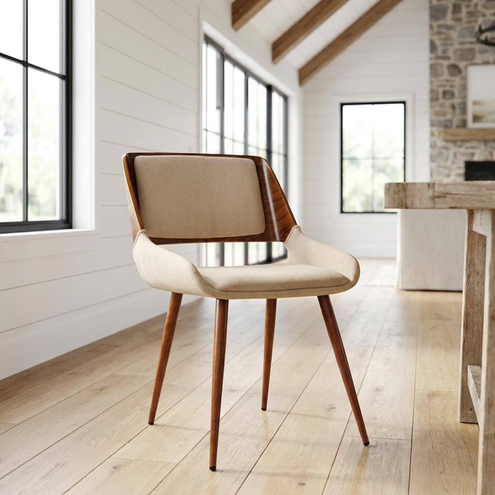 Mid-Century Modern Dining Chair in Wood with Fabric Seat and Arms, Walnut