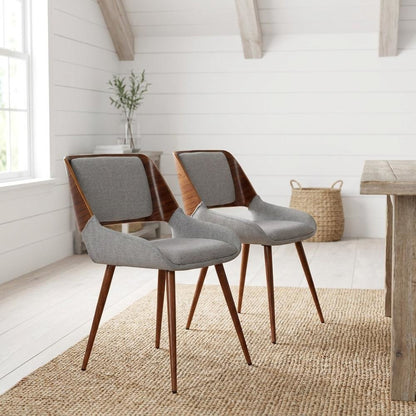 Walnut Wood Mid-Century Modern Upholstered Fabric Dining Chairs, Brown, Set of 2