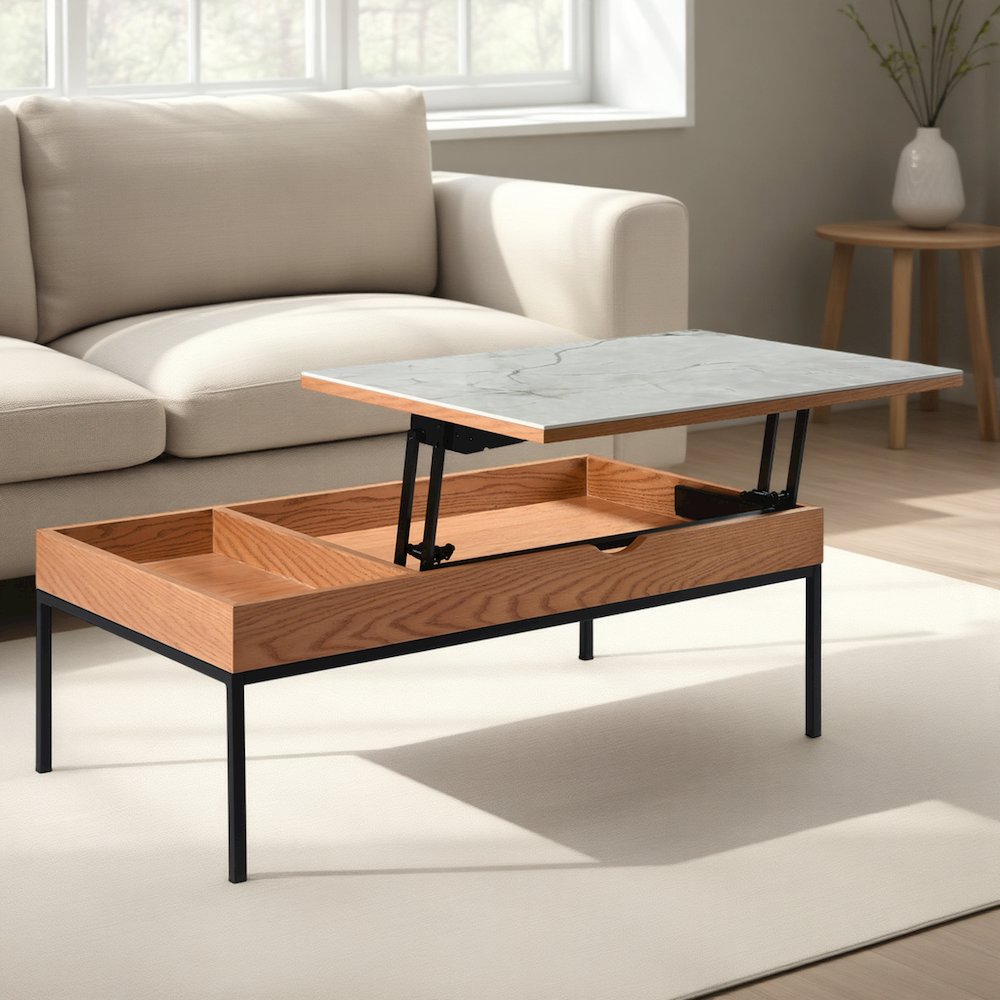 Rectangular Lift-Top Coffee Table in Natural Finish with Sintered Stone Panel